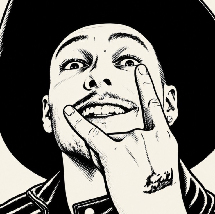 Retrato ilustrado de Lucas Leite em preto e branco