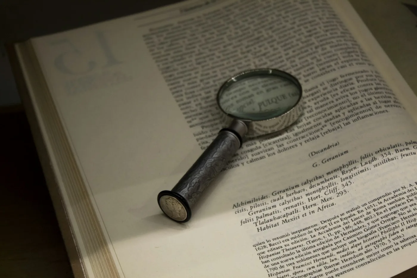 Lupa sobre as páginas de um livro aberto.