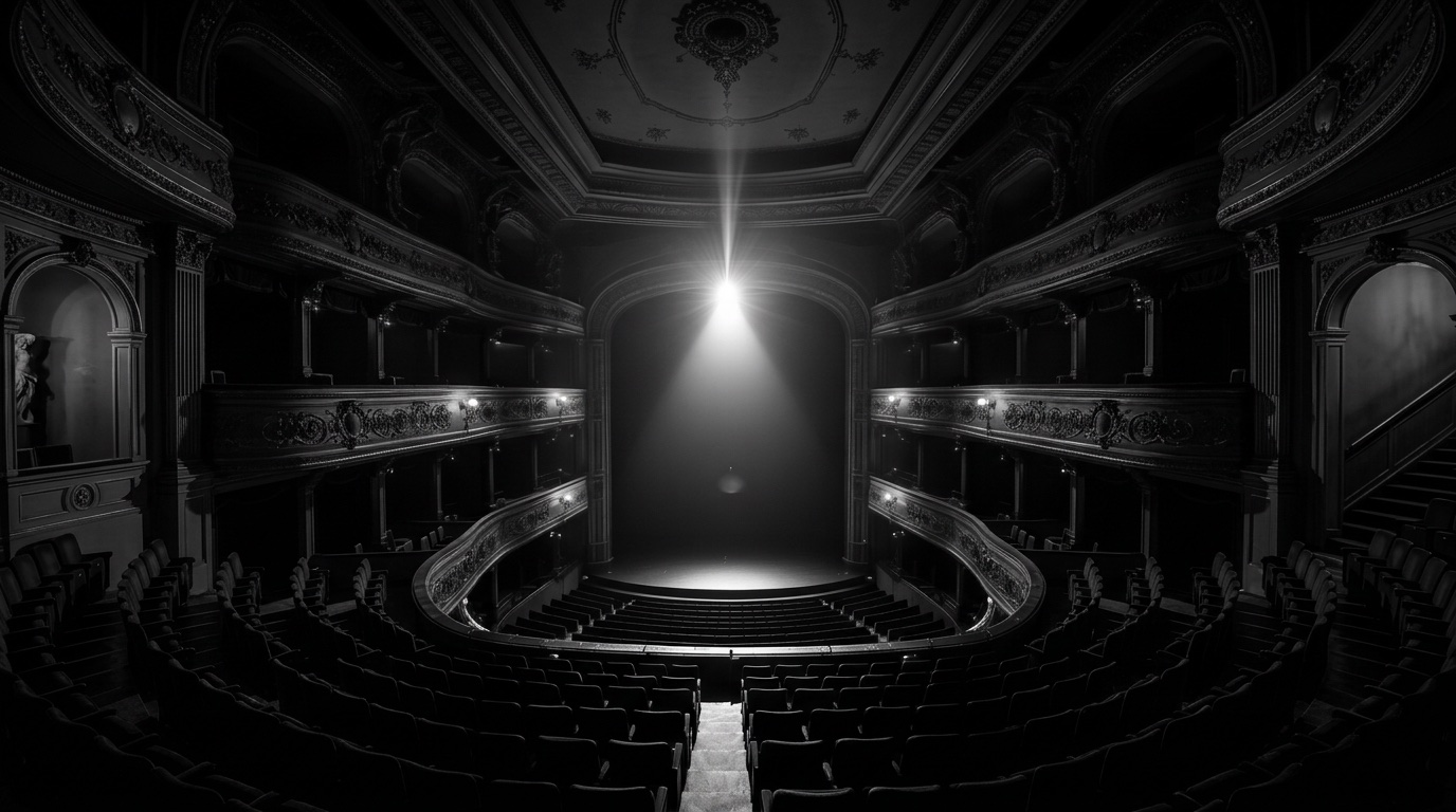 Teatro antigo vazio, em preto e branco, com um único foco de luz aceso sobre o palco e as poltronas às escuras.