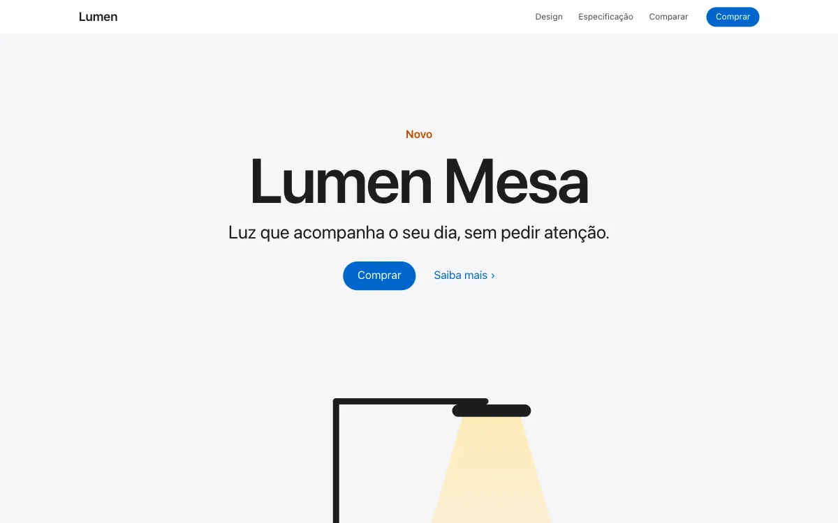 Prévia do modelo Galeria: abertura clara com a luminária fictícia Lumen, título grande e botão azul em pílula.