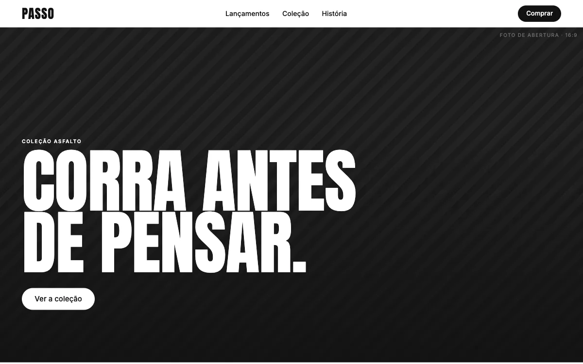 Prévia do modelo Impacto: abertura escura com o título Corra antes de pensar em letras gigantes e botão em pílula.