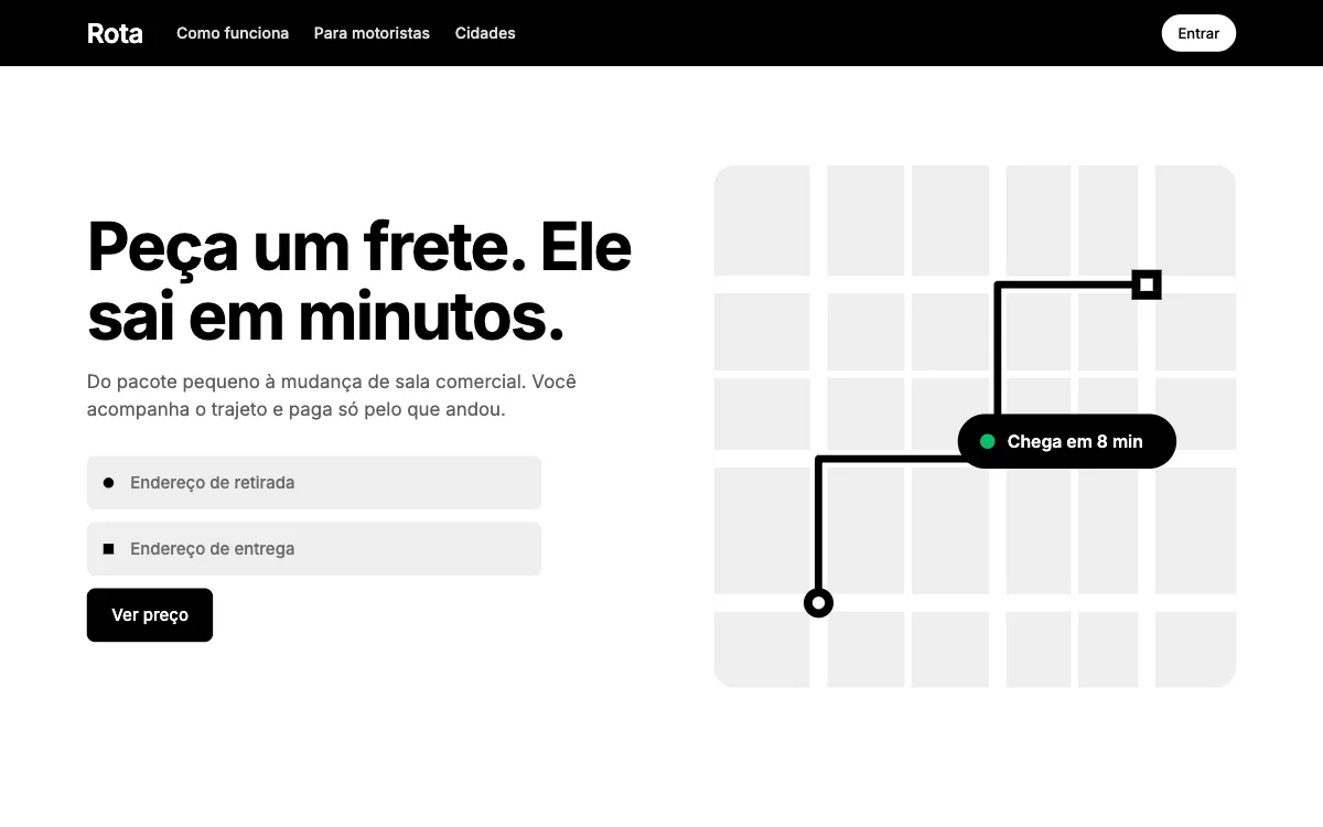 Prévia do modelo Serviço: título Peça um frete, campos de origem e destino e um mapa esquemático com o trajeto.
