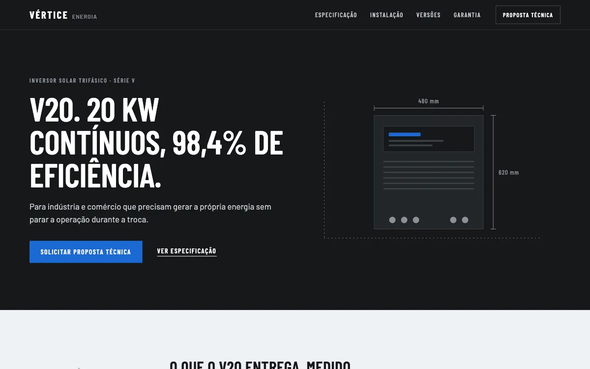 Prévia do modelo Técnico: faixa escura com o inversor fictício Vértice, título em caixa alta e desenho técnico com cotas.