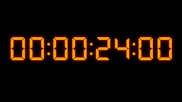 Relógio digital em dígitos laranja sobre fundo preto marcando 00:00:24:00.