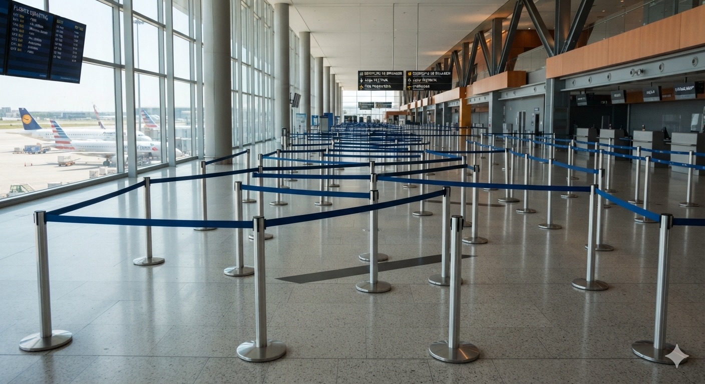 Fila vazia de um aeroporto, delimitada por fitas retráteis em zigue-zague, sem ninguém dentro.